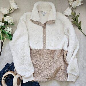 Calvin Klein Sherpa Pullover Colorblock Ivory Taupe Snap Front Size M NWOT